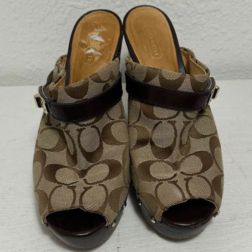 Coach Jodi Tan Signature Canvas Peep-Toe Clog Heels with Gold Buckle y2k vintage - Picture 6 of 12
